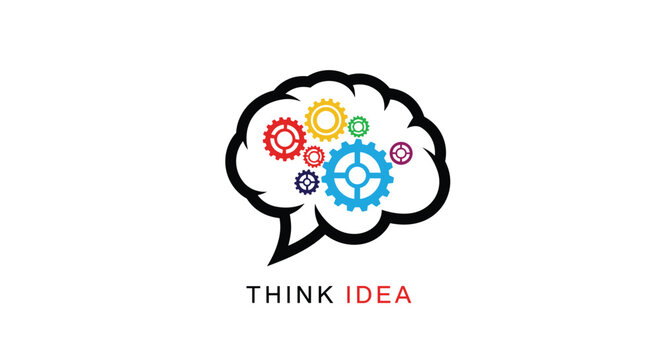 Think idea logo featuring a brain silhouette filled with various colorful mechanical gears representing intelligence and engineering.