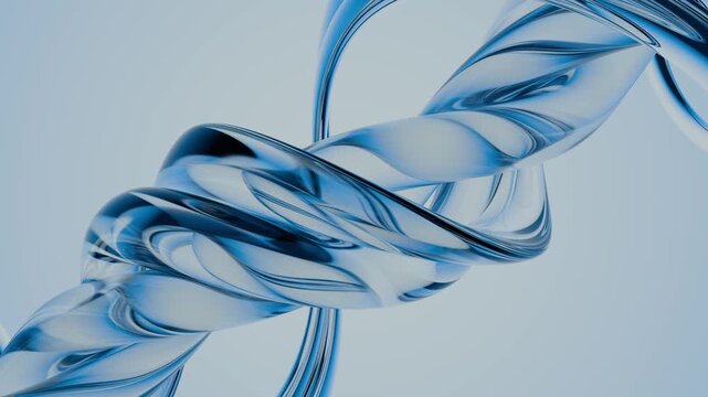 Seamless loop background with abstract twisted form made of transparent glass with blue reflections. Elegant spiral shape with glossy fluid curves and realistic refractions. Motion graphics , 4K 60fps