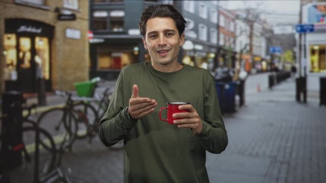 Man holding red mug and gesturing with left hand on a city street with bicycles and shopfronts; quiet contemplation.