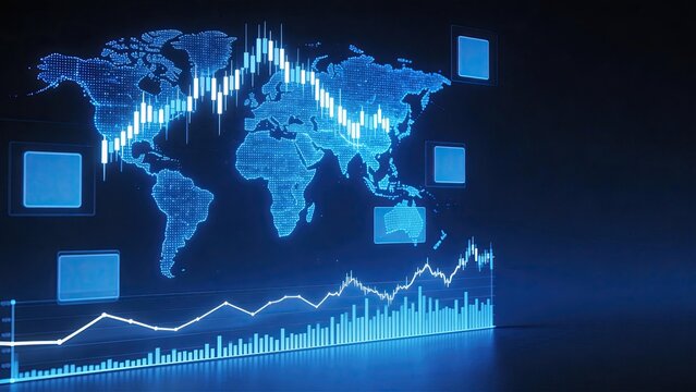 Global financial data analysis world map with digital stock market charts forex trading concept economic growth graph business technology background investment strategy