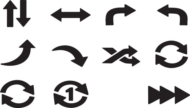 Set of Black Vector Arrow Icons for Navigation, Media Controls, and Interface Design. Includes Shuffle, Repeat, Loop, Refresh, and Directional Arrows in a Flat Minimalist Style for Web.