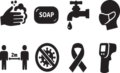 Fototapeta premium Comprehensive Collection of Hygiene and Pandemic Safety Vector Icons Featuring Hand Washing, Face Mask, Social Distancing, Thermometer, and Anti-Virus Symbols for Public Health Awareness.