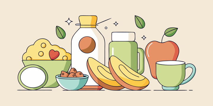 Hand drawn breakfast still life with cereal fruit and milk in a line art style