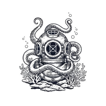 Octopus wrapped around diving helmet.