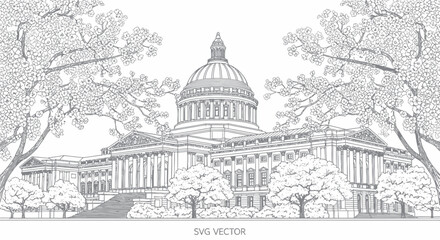 Government Building Line Art Drawing, Capitol Dome, Trees, Monochrome Sketch © Atok