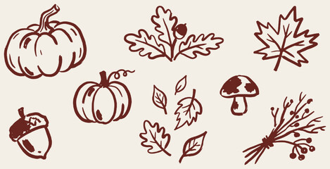 Hand-drawn collection of autumn elements including pumpkins, leaves, acorns, mushrooms, and twigs. © Riki