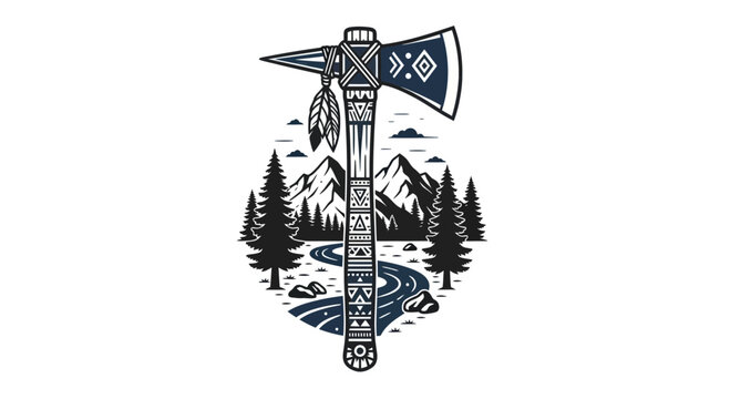 Native American Tomahawk Axe with Mountain Landscape, Forest, and River