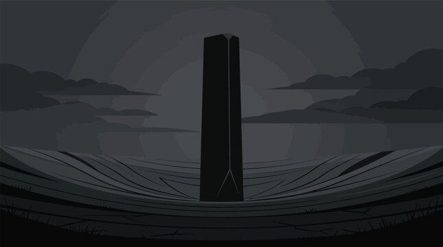 Abstract monochrome illustration of dark monolith pillar standing in barren cracked landscape under cloudy sky.