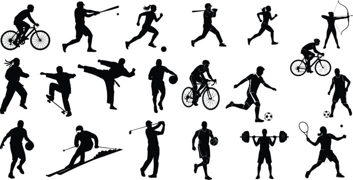 Set of silhouettes of people playing various sports and fitness activities