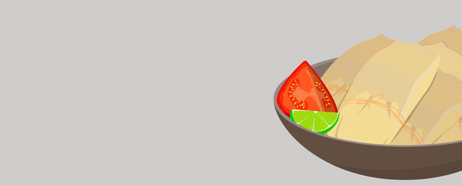 Web banner template with traditional mexican tamales in corn husks served with lime and tomato. Flat vector illustration with generous copy space for restaurant menu or food blog.