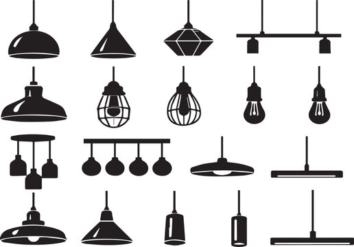 Modern and Industrial Pendant Light Silhouette Vector Set Featuring Various Hanging Ceiling Lamps, Chandeliers, and Edison Bulbs for Interior Design and Home Decor Projects