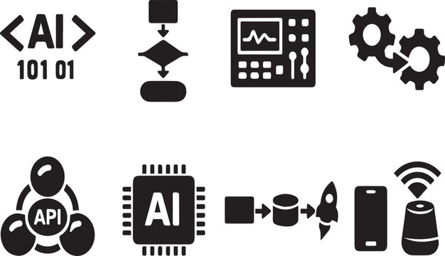 Artificial Intelligence and Technology Icon Set featuring Machine Learning, Data Processing, API Integration, Flowcharts, CPU Processors, and IoT Devices for Modern Software Development.