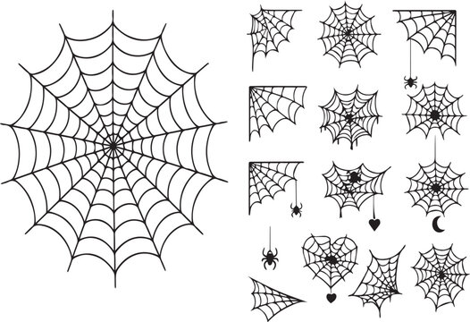 Spooky Spider Web Collection: Hand-Drawn Vector Illustrations of Halloween Cobwebs, Corner Borders, Heart-Shaped Webs, and Hanging Spiders for Creative Gothic Graphic Design Projects