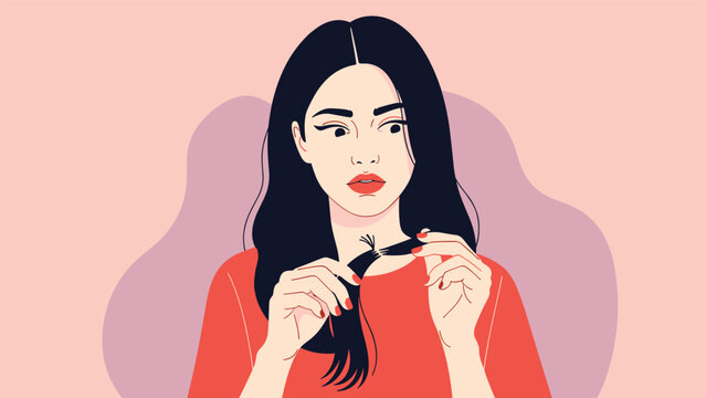 Young woman with long black hair looking worried while examining her hair for split ends or damage in a hair care concept.