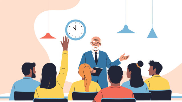 Senior professor in blue suit delivers lecture to group of diverse students in classroom with wall clock and modern hanging lamps.