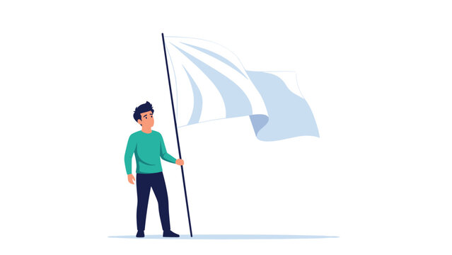 Determined man in green sweater stands tall holding large white flag on long pole against clean minimalist white background.