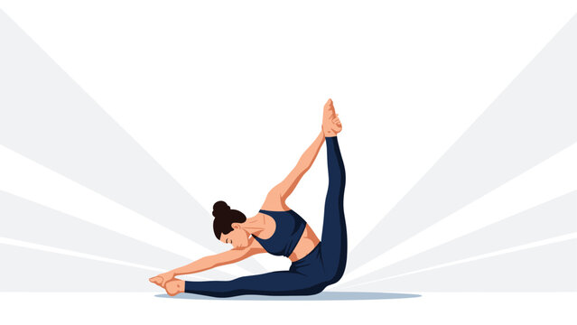 Focused woman in sportswear performing a deep side split yoga stretch on a white background with radiant lines.