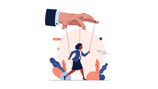 Powerful giant hand controlling a businesswoman with puppet strings as a metaphor for manipulation or lack of autonomy.