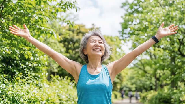 スポーツウェア姿で晴天の公園にて両手を広げ達成感を感じるシニア女性