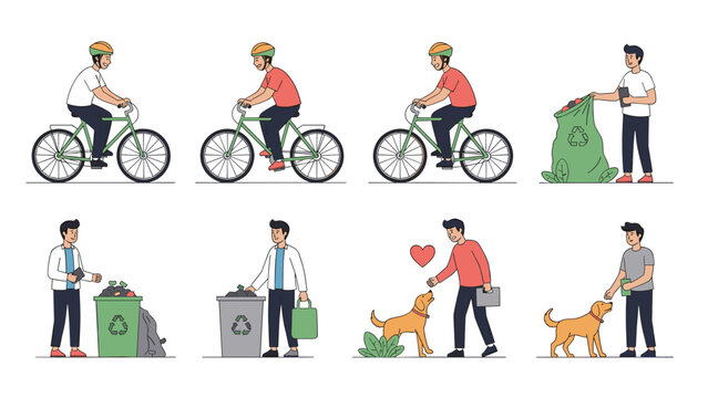 Set of people engaging in eco friendly and healthy activities like cycling recycling waste and being kind to animals for better environment.
