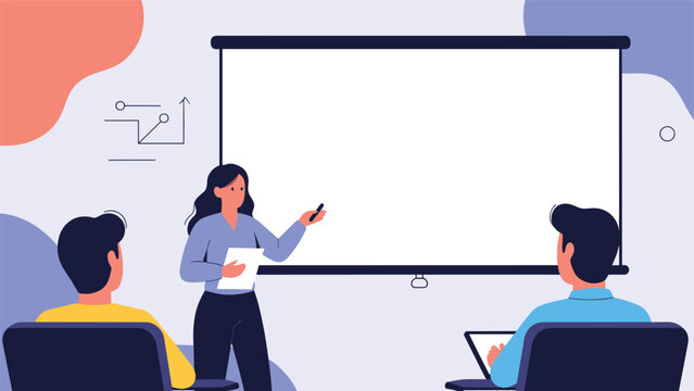 Professional woman standing in front of a white screen and pointing to charts while delivering a presentation to colleagues in a meeting room.