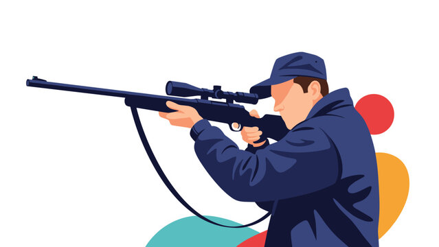 Soldier or marksman in a dark jacket and cap aiming a precision sniper rifle with a scope against a colorful abstract background.