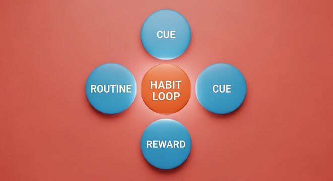 Habit loop psychology concept with cue, routine, and reward labels, behavioral change diagram on red background, self-improvement and productivity model