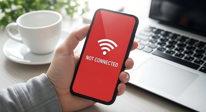 Smartphone showing no wifi connection error, hand holding mobile phone with red screen alert, disconnected internet signal on device in office