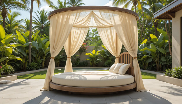 Round outdoor daybed with cream-colored curtains and pillows on a patio surrounded by tropical plants