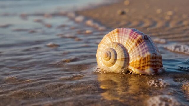 Seashell on Sandy Beach Shoreline with Gentle Waves and Foam