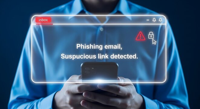 Man in blue shirt holding smartphone with phishing email alert on screen