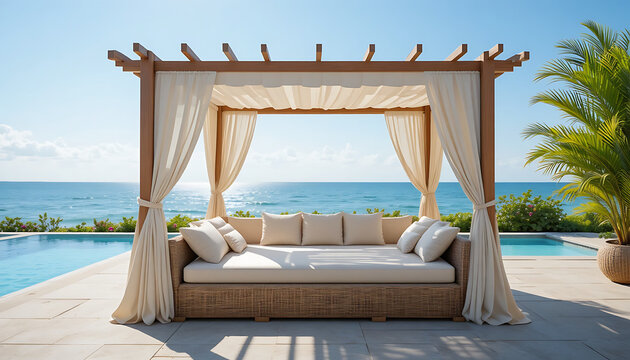 Outdoor daybed with canopy, by a pool and ocean outdoor furniture wicker beige