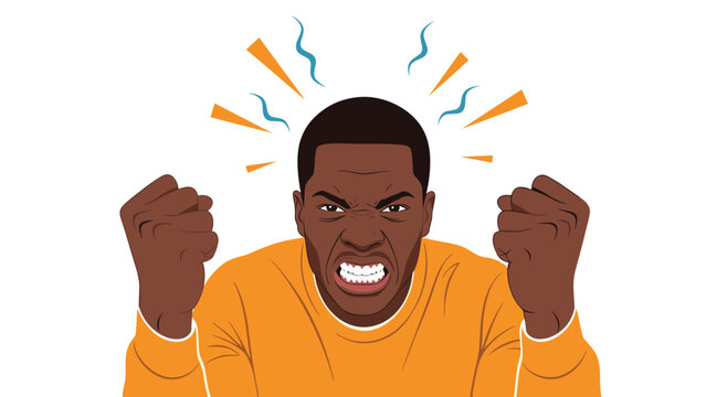 Furious African American man with a frustrated facial expression clenching his fists in anger and shouting loudly.