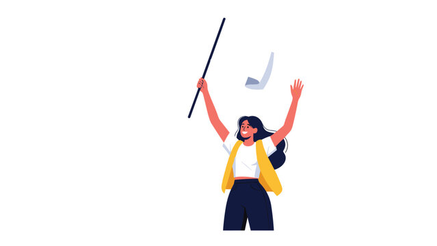 Excited young woman in a white t-shirt and yellow vest raising her arms and cheering with a long stick in her hand.