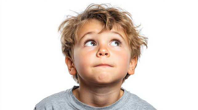 A young boy with a puzzled expression on his face isolated on white background