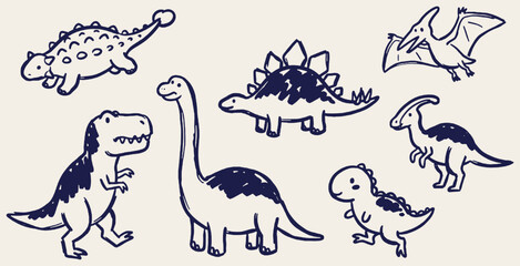 A collection of cute, hand-drawn dinosaurs in a simple doodle style on a cream background. © Riki