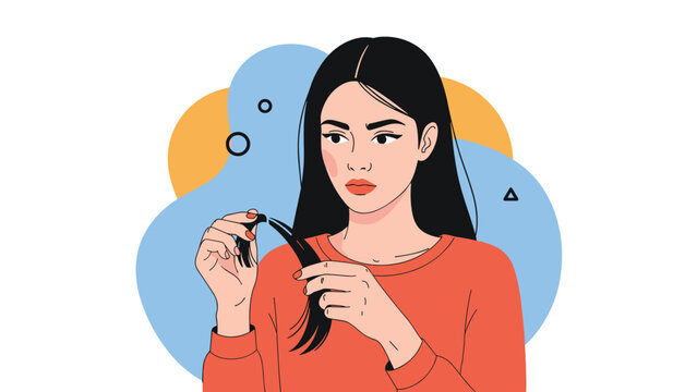 Concerned young woman looking at her long dark hair and checking for split ends while standing against an abstract colorful background.