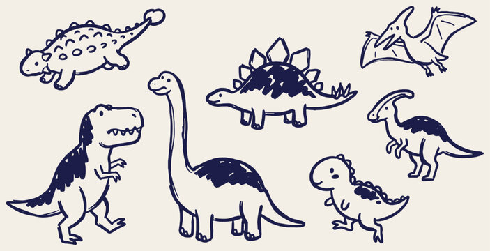 A collection of cute, hand-drawn dinosaurs in a simple doodle style on a cream background.