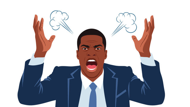 Furious businessman in a blue suit screaming with rage and steam coming out of his ears as he raises his hands in frustration.