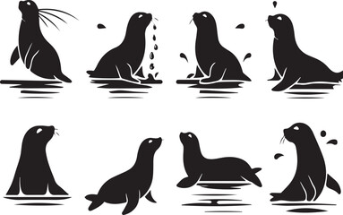 A set of black and white sea lion and seal silhouettes in various poses like swimming, splashing water, and resting. Ideal for marine life icons, ocean nature logos, and wildlife vector designs. © raja