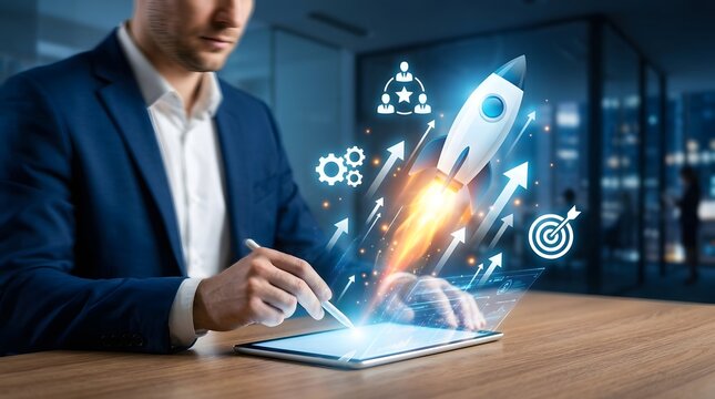 Businessman launching a digital project with a rocket on a tablet
