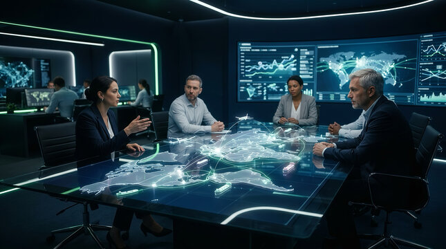 Advanced logistics command center with executives analyzing worldwide transportation network data systems technology