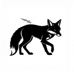 Fototapeta premium Black and white fox walking with bird flying above