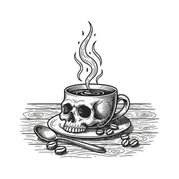 Steaming skull coffee cup illustration.