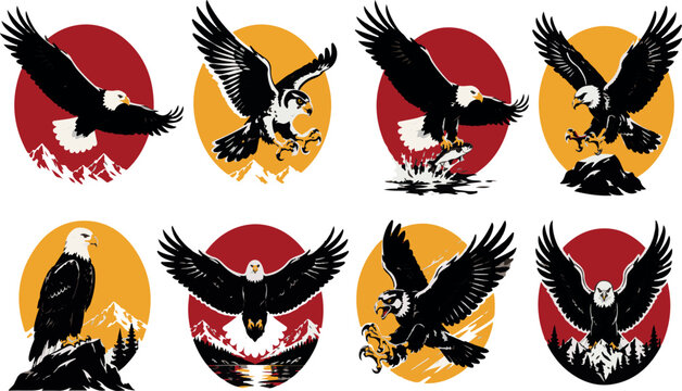 Majestic Bald Eagle and Hawk Vector Illustration Set: Patriotic Bird of Prey Logo Emblems with Mountains, Sunsets, and Wildlife Designs for Sport Teams, Outdoor Adventure, and Nature Projects.