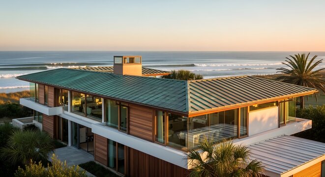 Modern luxury coastal house with copper roof and wooden siding featuring panoramic sunset ocean horizon view.