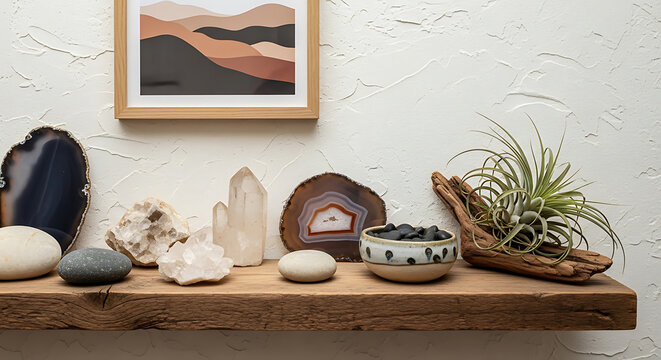 Natural Decor Shelf Display With Crystals And Agate Slices Creating Spiritual Interior Design Inspiration For Elegant Holistic Home Decoration.