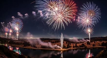 Obraz premium Colorful fireworks display over water at night with dramatic lighting