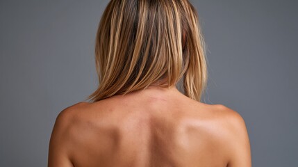 Fototapeta premium Close up of woman's upper back and neck area showcasing flawless skin texture in a minimalist setting for cosmetic and spa treatment concepts.
