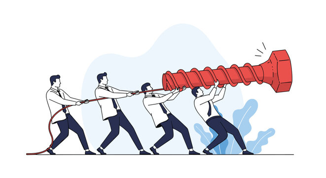 Team of four hard-working men working together to pull a giant red screw using a heavy rope for project completion.